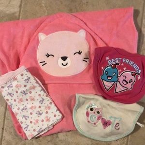 Bath towel, burp cloth and bibs